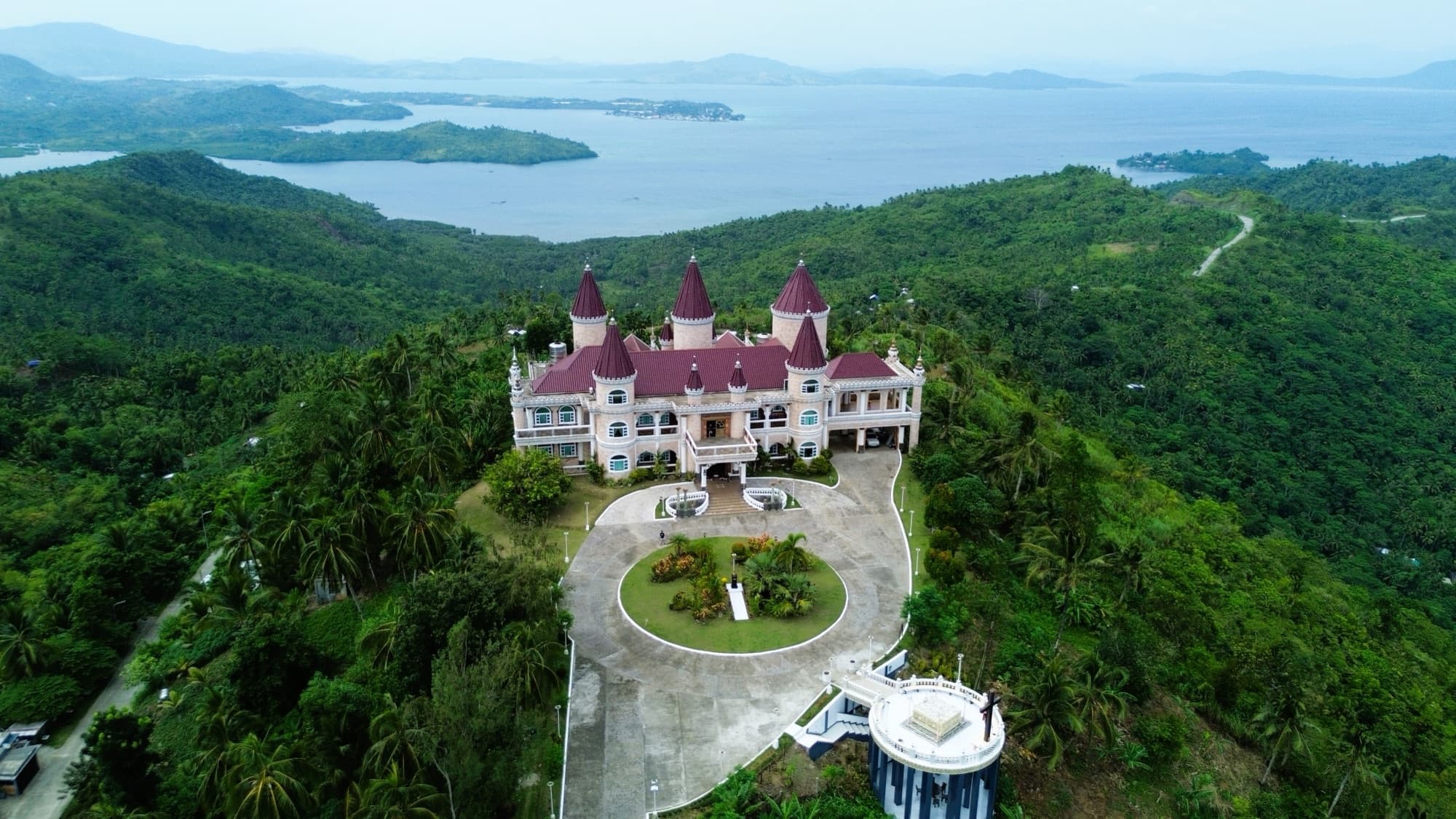 Aerial view of the turreted Island Castle overlooking the bay in San Jose